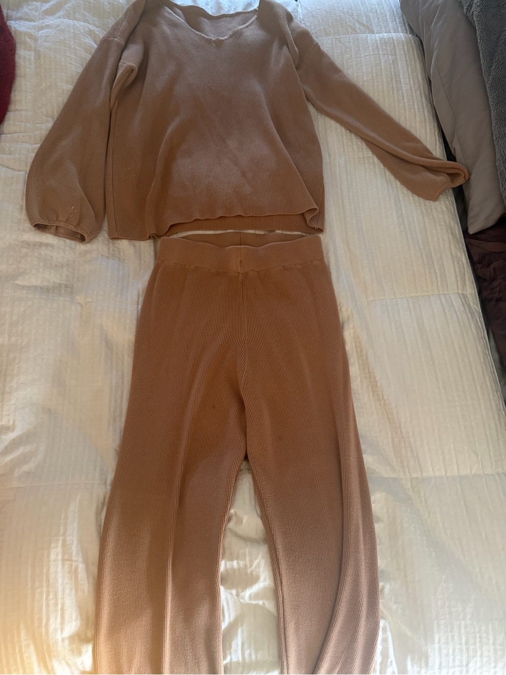 Cozy Ribbed Knit Pants & Top Set — Camel